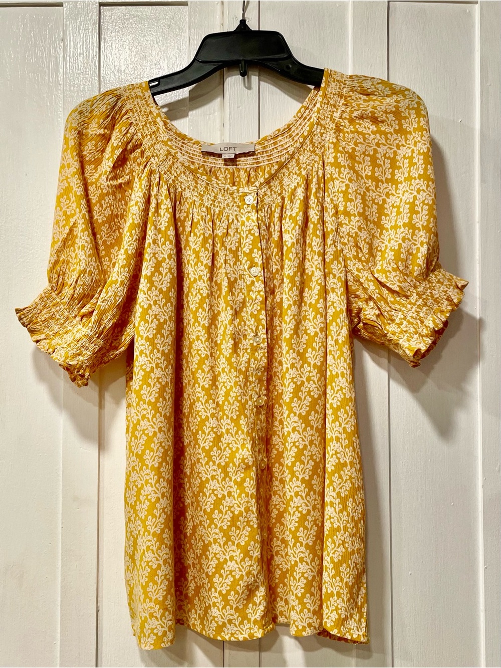 LOFT Mustard Yellow Floral Smocked Neck Puff Sleeve Top Size S Runs Larger